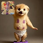 A cheerful toddler standing on colorful foam blocks in a cluttered playroom, raising one arm triumphantly as if winning a gold medal in the game of life.
