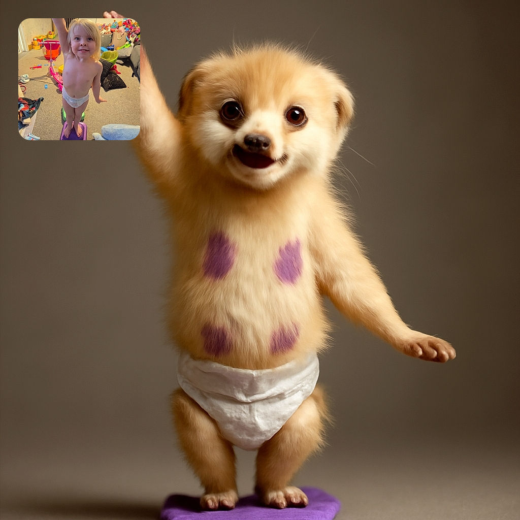 A cheerful toddler standing on colorful foam blocks in a cluttered playroom, raising one arm triumphantly as if winning a gold medal in the game of life.
