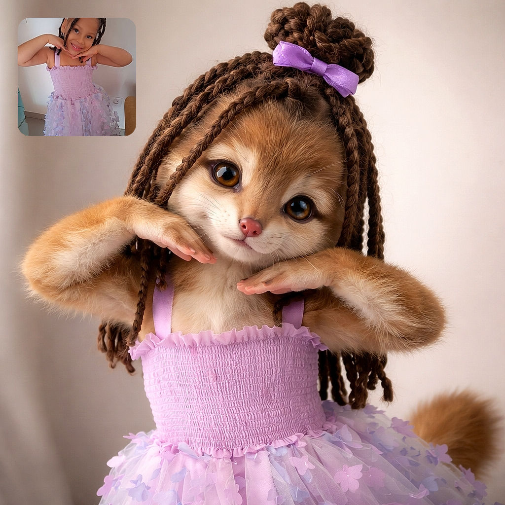 A cheerful little girl in a lavender, petal-strewn dress strikes a playful pose with hands under her chin and a mischievous smile — hair braided up with a purple bow, barefoot on shiny tile, looking like the queen of dress-up.