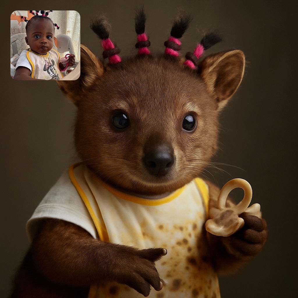 A cute toddler with colorful hair ties is sitting in a high chair, wearing a Minnie Mouse bib, with a pacifier in hand and a bit of food mess on the face, pointing with a serious yet adorable expression.