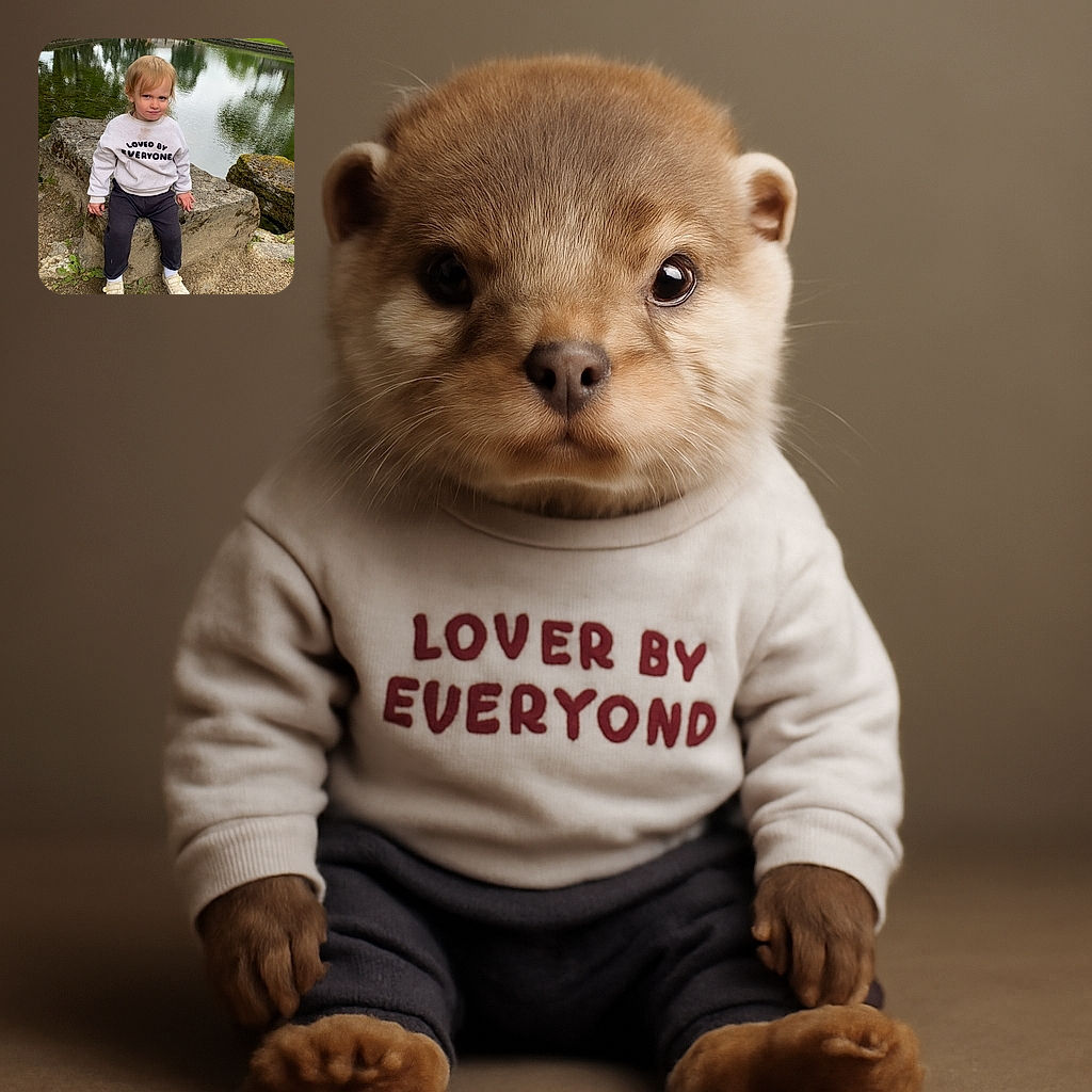 A cheeky toddler with a mischievous grin sits on a rough stone by a calm pond, sporting a sweatshirt that proudly declares 'Loved by Everyone'—nature and urban life blend in the background.