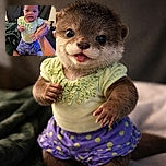 A cute baby in a green top and purple polka-dot skirt is being supported while standing, looking curiously at the camera with big bright eyes. The background is a cozy indoor setting with a dark curtain and some furniture, giving a warm home vibe.