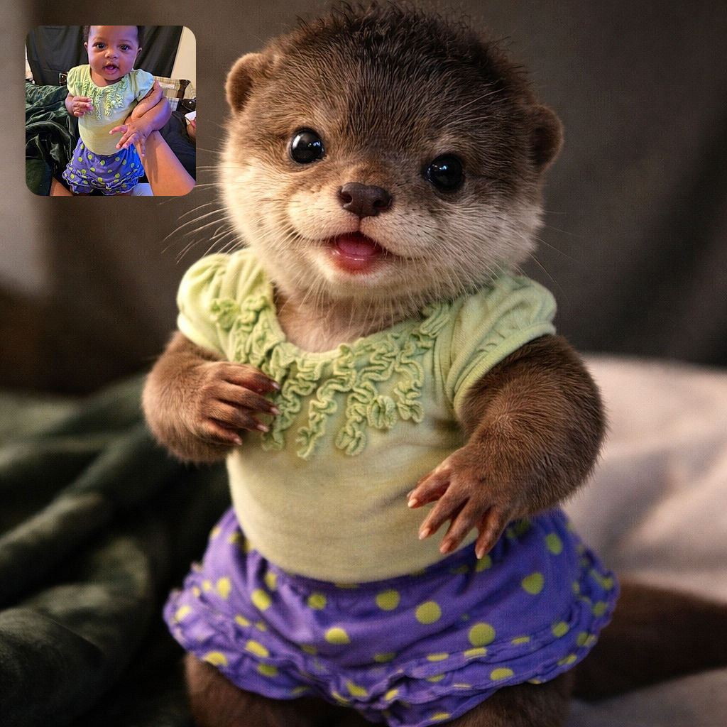 A cute baby in a green top and purple polka-dot skirt is being supported while standing, looking curiously at the camera with big bright eyes. The background is a cozy indoor setting with a dark curtain and some furniture, giving a warm home vibe.