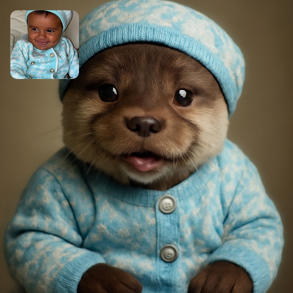 A mischievous baby wearing a cozy blue and white knit hat and matching sweater grins slyly with a little drool dripping from their mouth, sitting comfortably against a textured cream background.