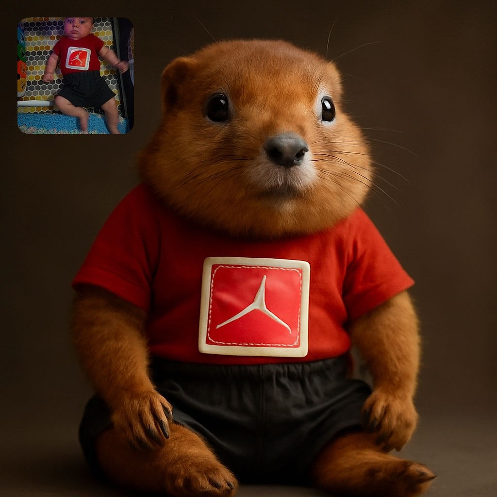 A slightly blurry photo of a baby lying on a colorful hexagonal patterned mat, wearing a red shirt with a white and orange logo and black shorts, with a colorful knitted blanket partially visible at the bottom.