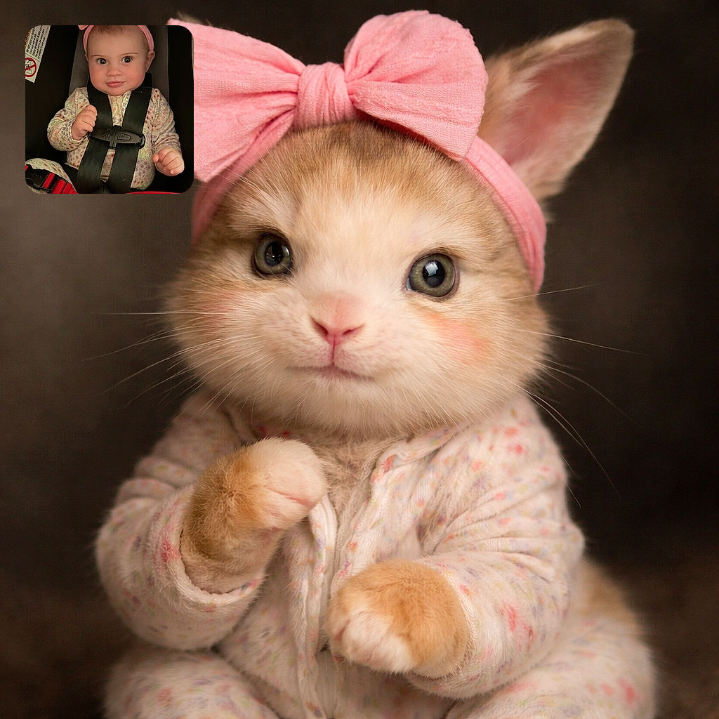 A cute baby with a big pink bow headband is securely strapped in a car seat, wearing cozy patterned pajamas and holding a milk bottle decorated with a playful monkey design, looking curiously at the camera with wide eyes and a slight smile.