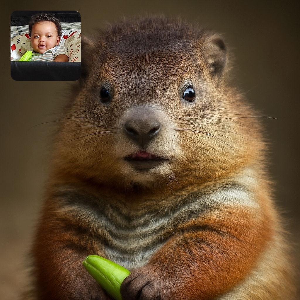 A cute baby with curly hair and bright eyes lounges comfortably in a patterned baby seat, holding a green toy cucumber, looking curious and happy.