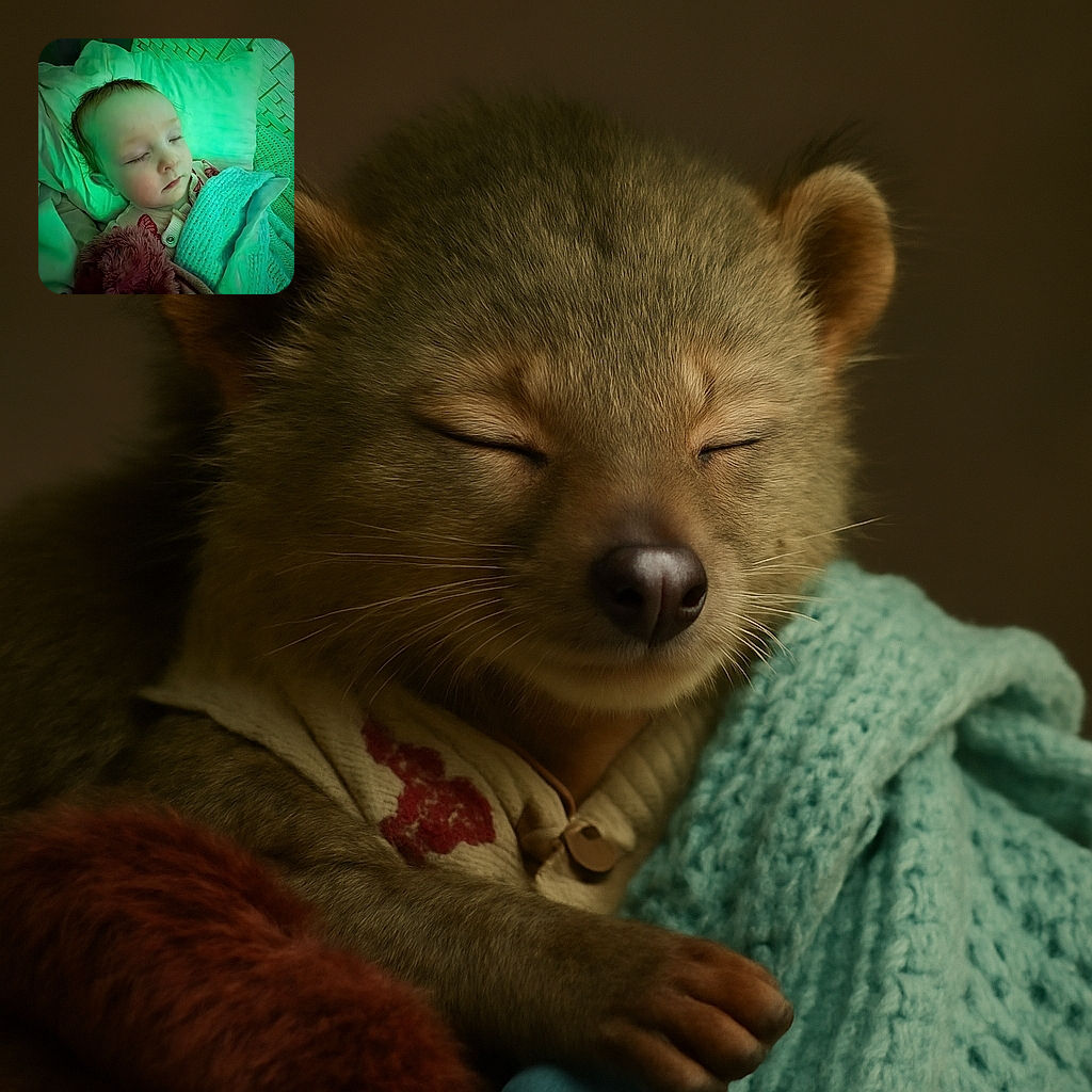 A peacefully sleeping baby wrapped in cozy blankets under a soft greenish light, clutching a fluffy stuffed animal, looking as serene as a tiny angel in dreamland.