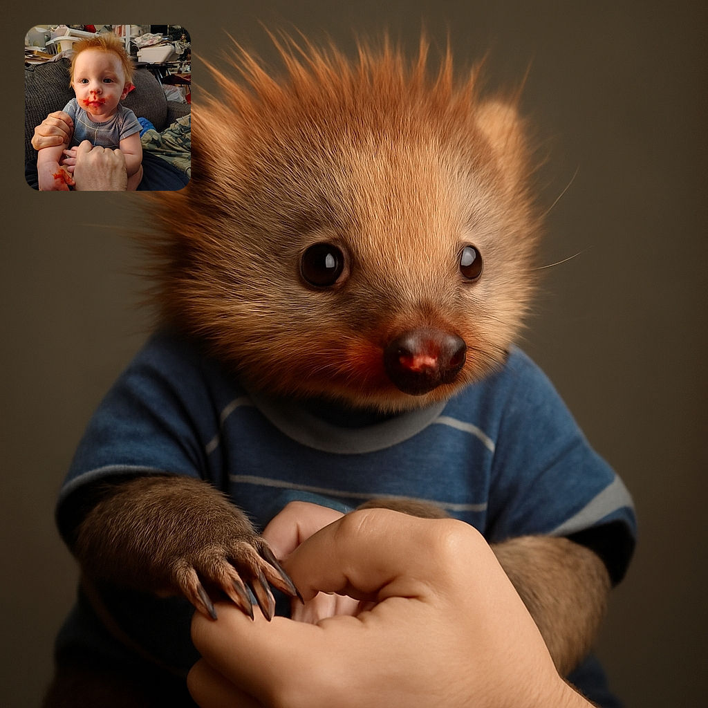 A messy-faced toddler with bright red hair and ketchup smeared all around the mouth and hand, being gently held by an adult's hand while sitting on a cozy couch surrounded by household items and a Christmas tree in the background.