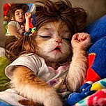 A peacefully sleeping child surrounded by colorful plush toys and blankets, with tousled hair and a relaxed expression, capturing a cozy and serene nap time moment.