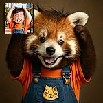 A cheerful toddler with a bright smile and playful eyes is tugging at their hair, dressed in an orange shirt and denim overalls with a cute yellow animal patch, standing in a colorful playground with buildings and greenery blurred in the background, while Chinese text overlays the top of the image.