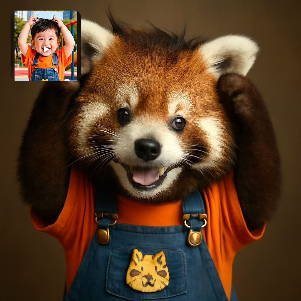 A cheerful toddler with a bright smile and playful eyes is tugging at their hair, dressed in an orange shirt and denim overalls with a cute yellow animal patch, standing in a colorful playground with buildings and greenery blurred in the background, while Chinese text overlays the top of the image.