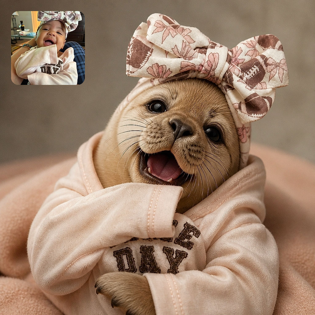 A delighted baby in a gigantic football-print bow is being cuddled like the tiniest sports fan ever, grinning at the camera while the shirt proudly announces a very enthusiastic little ‘YAY.’