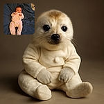 A tiny baby dressed in an adorable white onesie with little bunny ears is lying on a rumpled dark blue blanket, looking curiously at the camera with a calm expression.