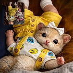 A peacefully sleeping baby dressed in a playful yellow outfit with cartoon characters, lying on a brown blanket next to a pink and white giraffe stuffed toy, with a cozy gray blanket nearby. The baby wears a white headband with a bow, adding an adorable touch to the serene scene.