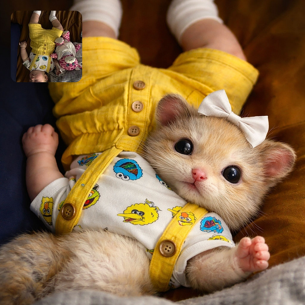 A peacefully sleeping baby dressed in a playful yellow outfit with cartoon characters, lying on a brown blanket next to a pink and white giraffe stuffed toy, with a cozy gray blanket nearby. The baby wears a white headband with a bow, adding an adorable touch to the serene scene.