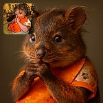 A mischievous toddler with spaghetti sauce all over their face and hands, sitting in a high chair wearing an orange bib, looking gleefully at the camera as if proud of the messy masterpiece they've created.