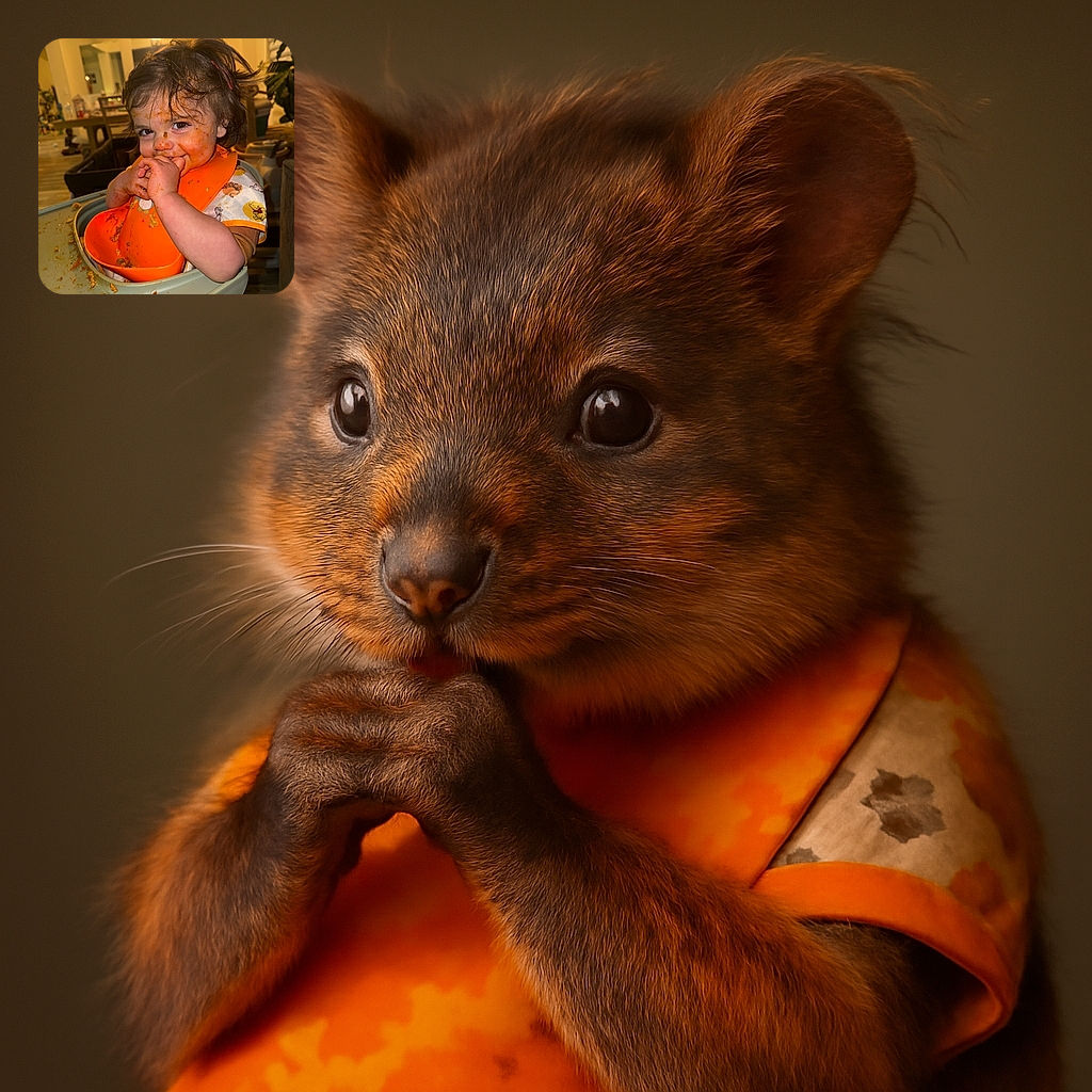 A mischievous toddler with spaghetti sauce all over their face and hands, sitting in a high chair wearing an orange bib, looking gleefully at the camera as if proud of the messy masterpiece they've created.