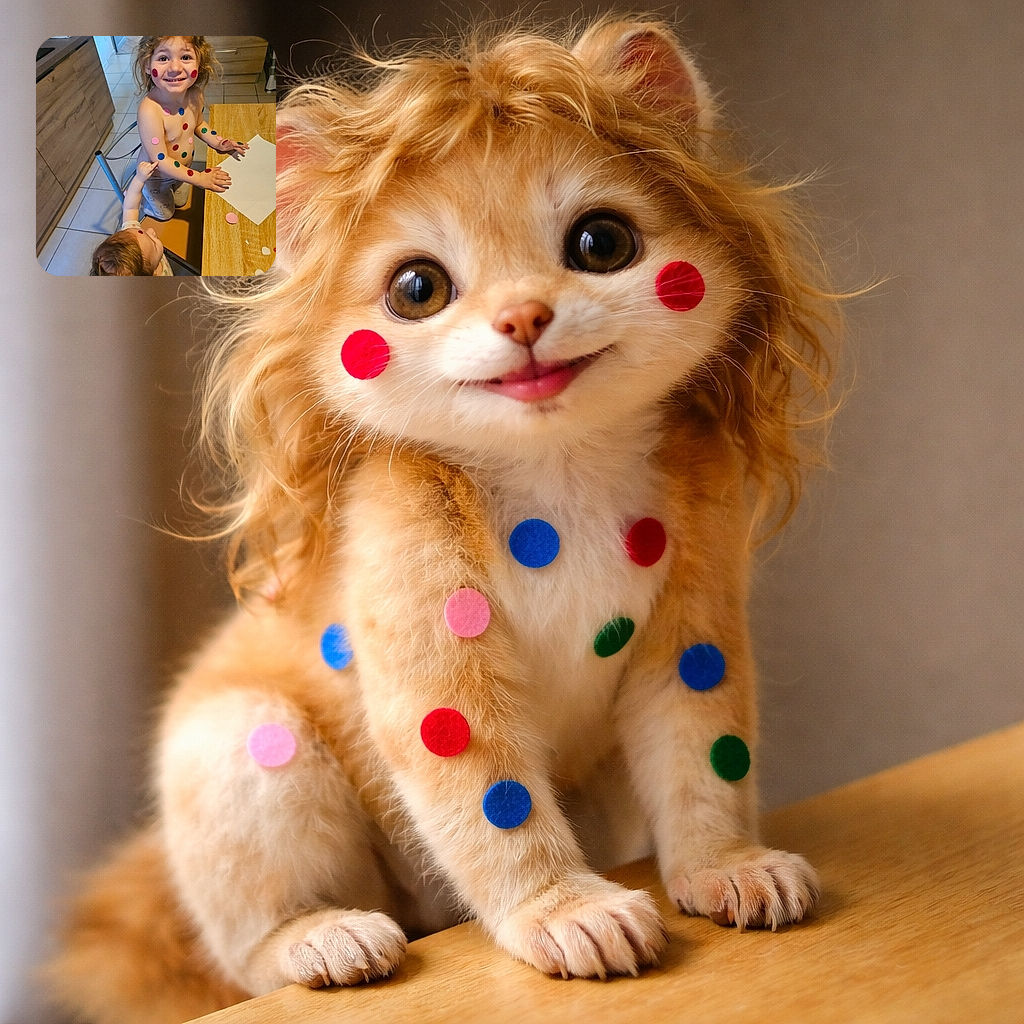 Two delighted kids mid-sticker-mayhem: an ecstatic older child grinning at the camera with glitter dots stuck all over, while a younger one reaches up to add more. Kitchen tiles and a wooden table frame the scene, with craft paper and loose stickers scattered about.