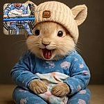 A joyful baby wearing a cute beige knit hat with bear ears and a blue onesie covered in colorful patterns sits excitedly in a shopping cart, holding a soft rainbow blanket. The baby’s wide-open mouth and sparkling eyes capture pure delight amidst the grocery store aisles.