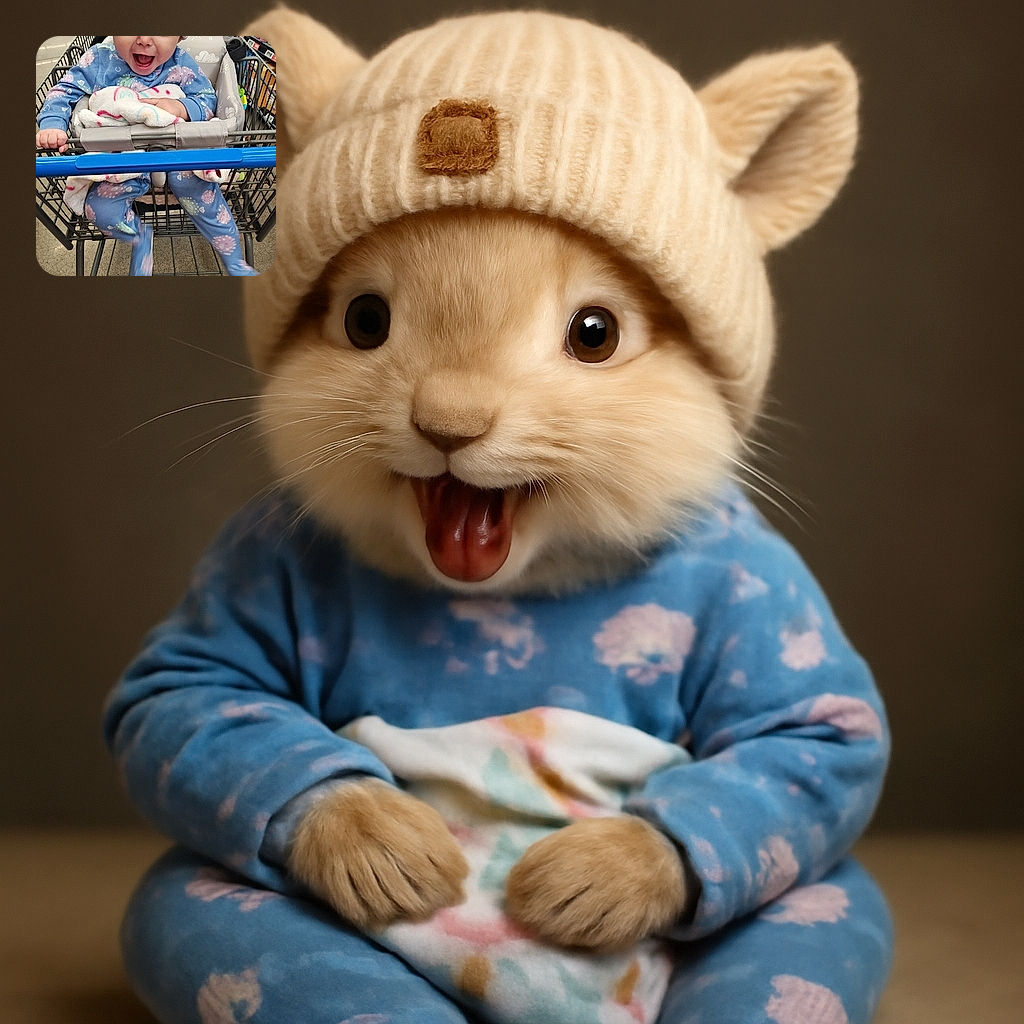 A joyful baby wearing a cute beige knit hat with bear ears and a blue onesie covered in colorful patterns sits excitedly in a shopping cart, holding a soft rainbow blanket. The baby’s wide-open mouth and sparkling eyes capture pure delight amidst the grocery store aisles.