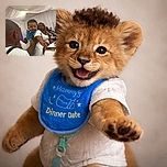 A joyful baby in a white outfit and blue bib is being playfully held up by a smiling child dressed in white, set in a softly lit event room with draped white fabric ceilings. A woman with long curly hair watches in the background, adding to the warm, family gathering vibe.