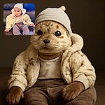 A cute baby bundled up in cozy clothes sits comfortably on a leather couch, looking curiously off-camera with big bright eyes and a soft hat topped with a little knot.