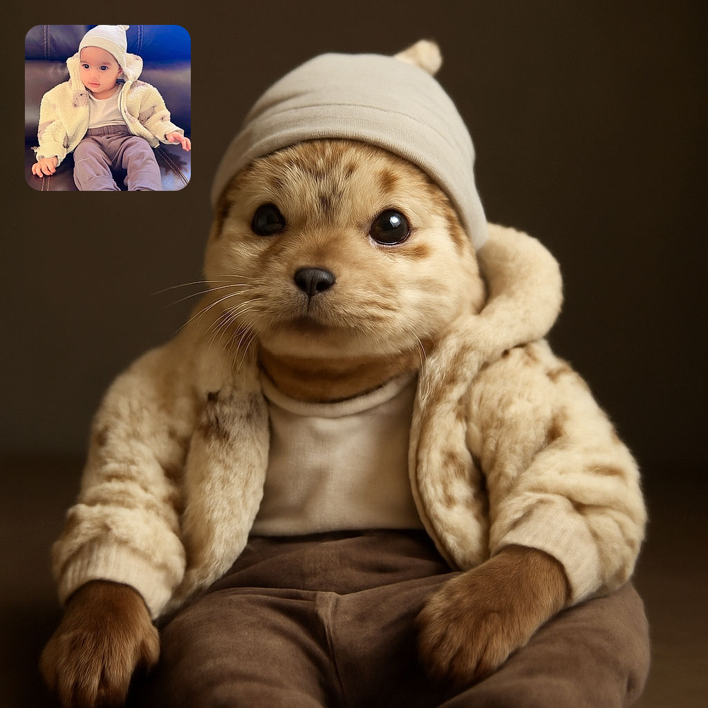A cute baby bundled up in cozy clothes sits comfortably on a leather couch, looking curiously off-camera with big bright eyes and a soft hat topped with a little knot.