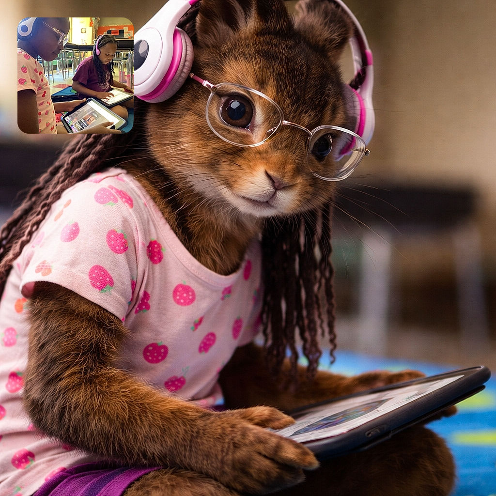 Two focused children sitting on a colorful classroom rug, each wearing headphones and engaging with tablets, surrounded by desks and classroom decor, capturing a modern learning moment.