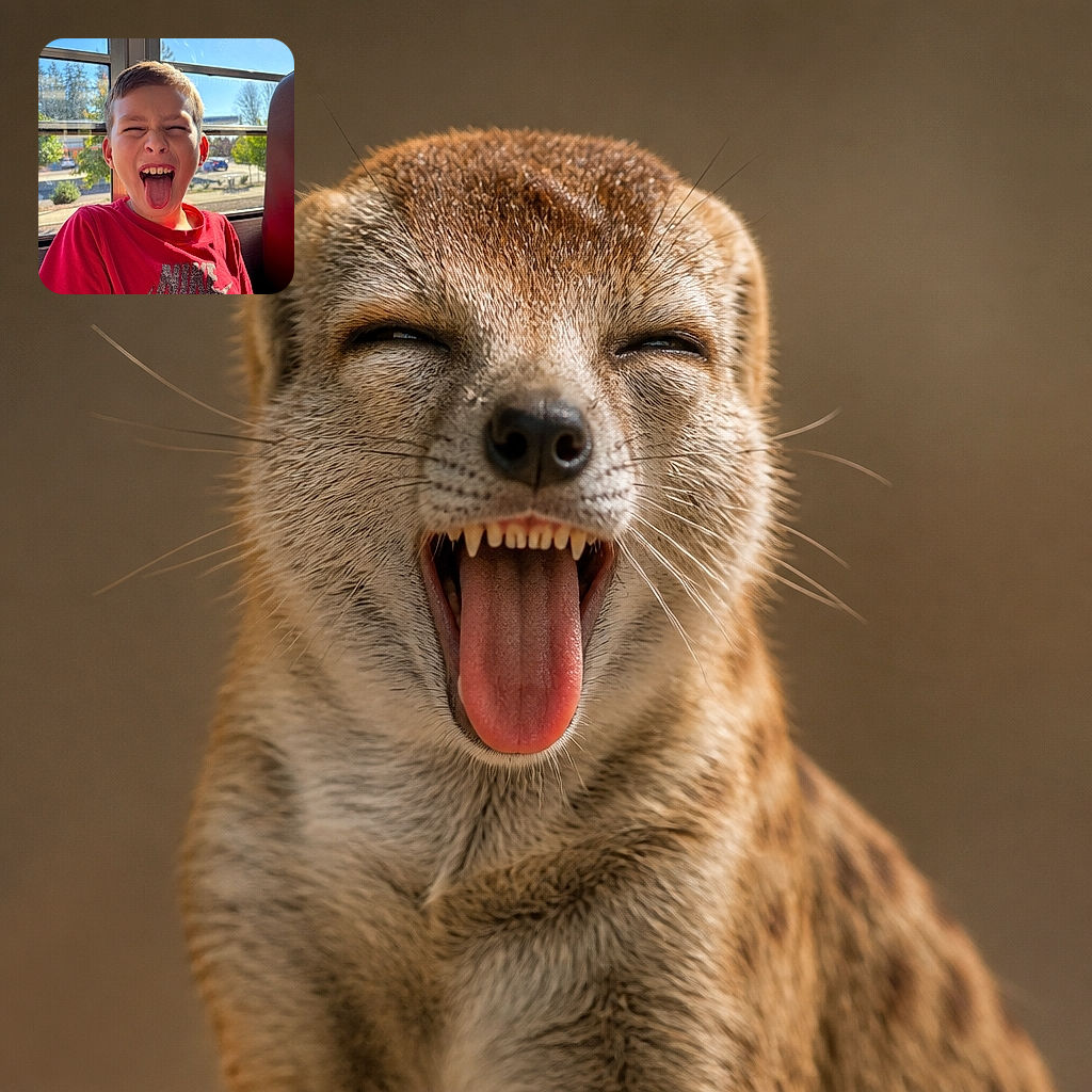 A gleeful child on a bus unleashes the ultimate tongue-out laugh, squinting into the sunshine like a tiny comedian whose punchline is simply “bleh!”