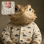 A wide-eyed baby in a cozy dinosaur-print onesie gazes curiously at the camera, lying on a patterned blanket that adds a soft, neutral backdrop to this adorable close-up.