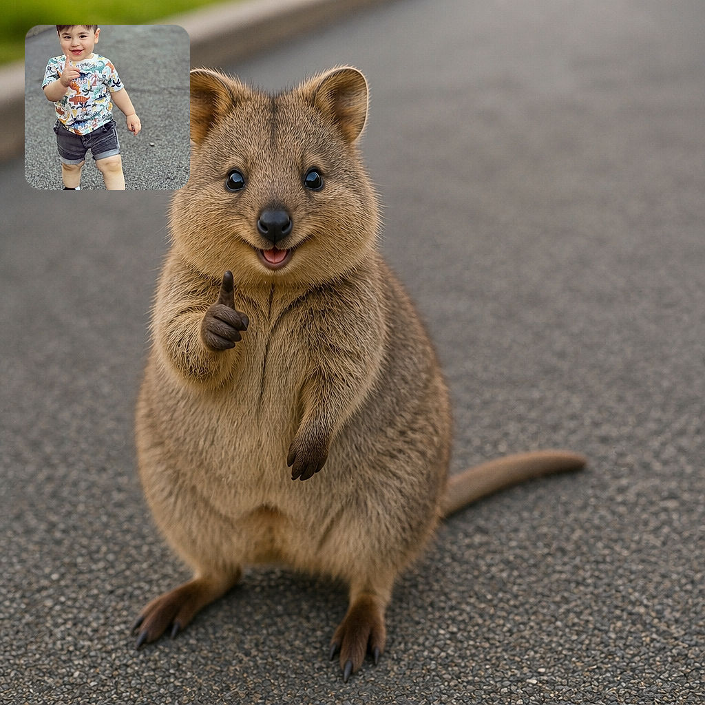 A cheerful little explorer gives a confident thumbs-up while strolling down the pavement, dressed in a colorful dinosaur shirt and chunky sneakers—as if he has just been promoted to captain of the sidewalk.
