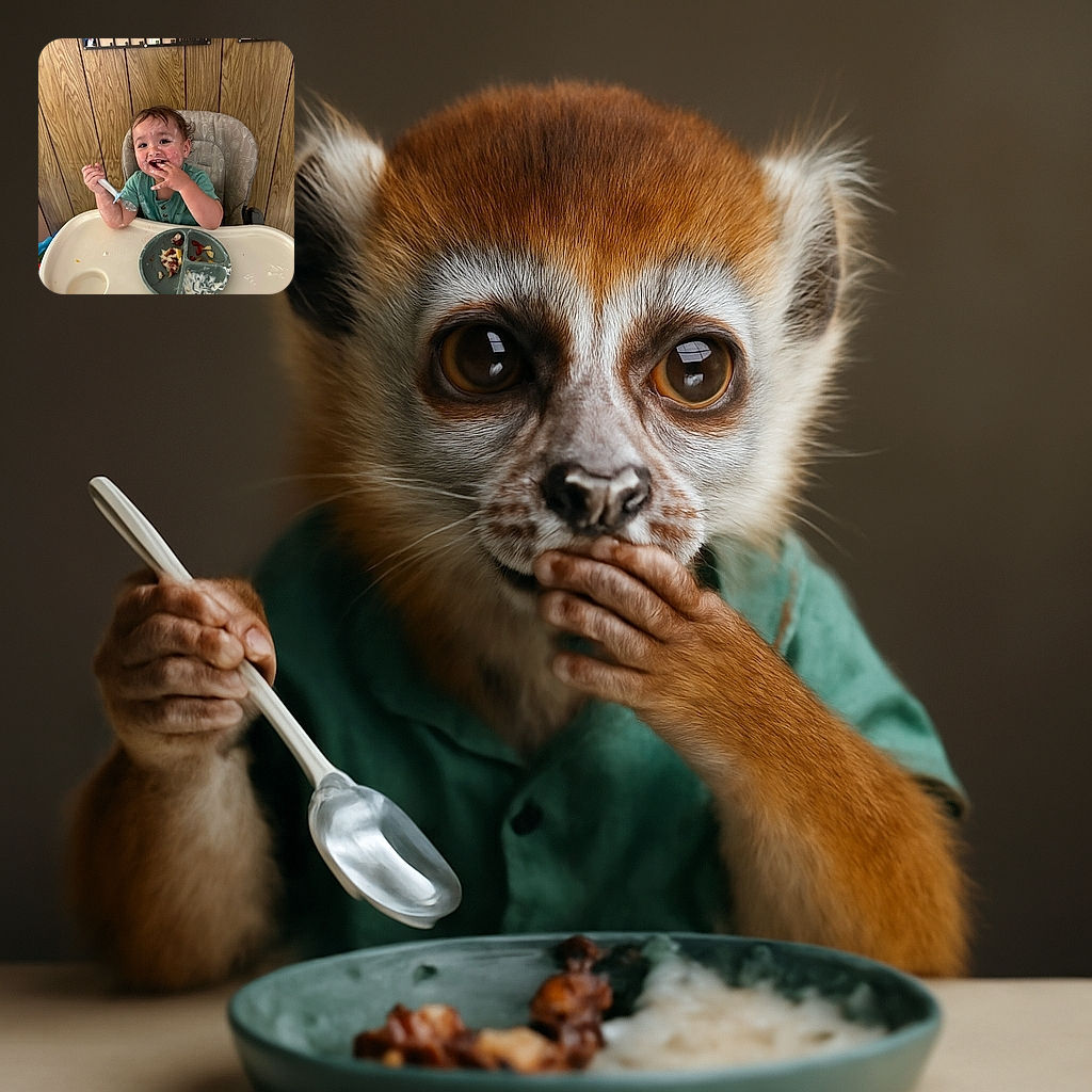 A messy but adorable toddler sits in a high chair, happily eating with a spoon and smearing food all over their face and shirt. The background features wood-paneled walls and a photo collage, adding a cozy home vibe to the candid mealtime chaos.