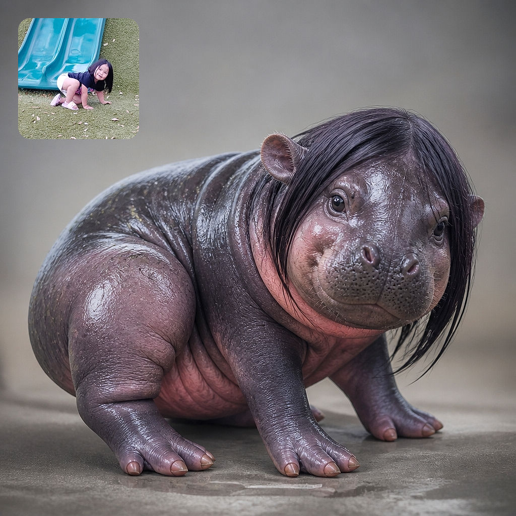 A cheerful little adventurer has paused at the bottom of a bright blue double slide, posing on all fours like a tiny playground explorer while scattered leaves provide nature’s confetti.