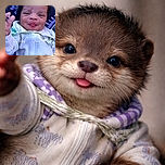 A cute baby wrapped in a zebra-patterned onesie makes a playful face with tongue out, reaching towards the camera, lying on a colorful purple patterned blanket with the words 'Friday Vibes' and a heart emoji overlaid.
