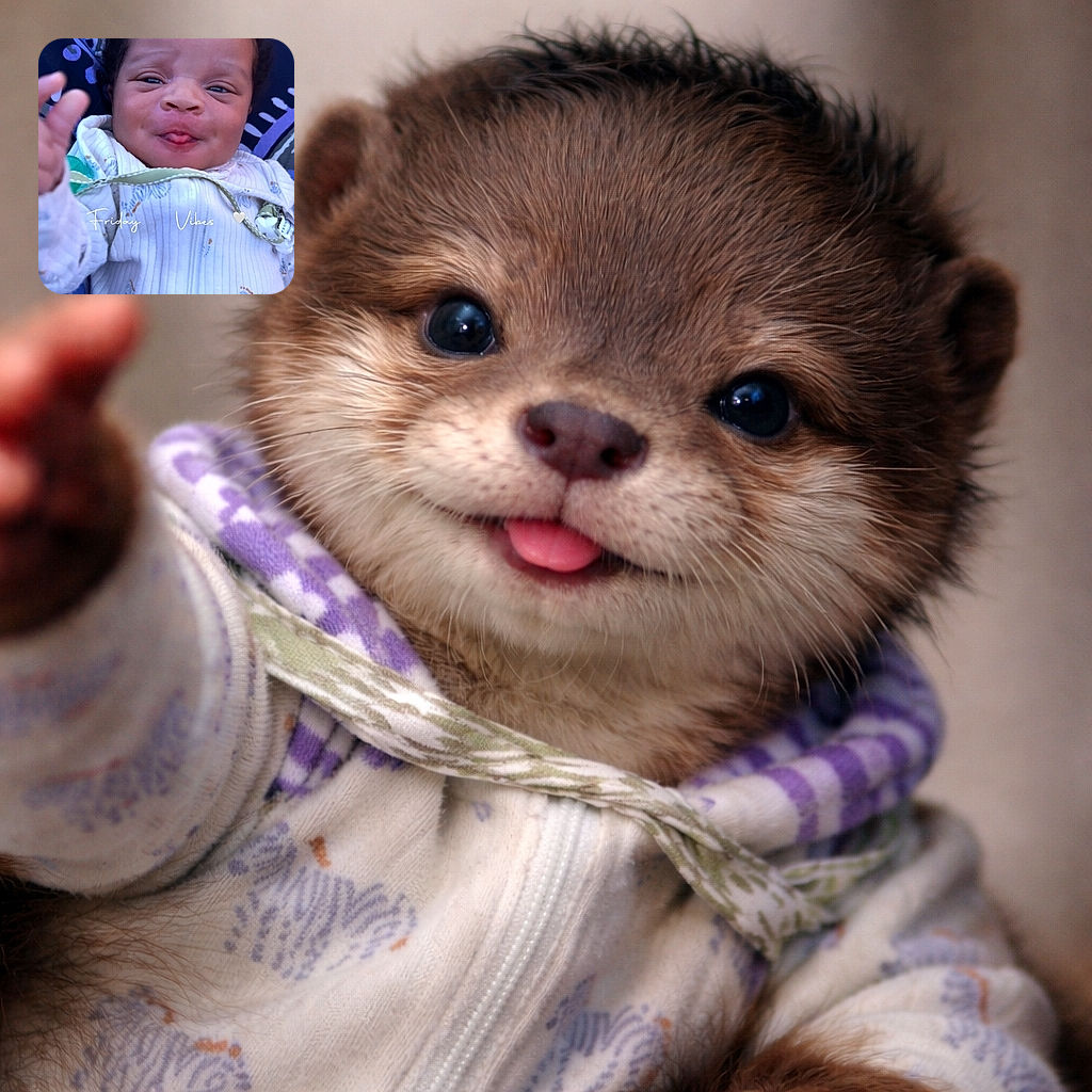 A cute baby wrapped in a zebra-patterned onesie makes a playful face with tongue out, reaching towards the camera, lying on a colorful purple patterned blanket with the words 'Friday Vibes' and a heart emoji overlaid.
