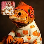 A wide-eyed baby dressed in a cozy pumpkin-themed outfit and matching hat with a pumpkin decoration, sitting comfortably on someone's lap against a soft pink blanket background, looking curiously at something off-camera.