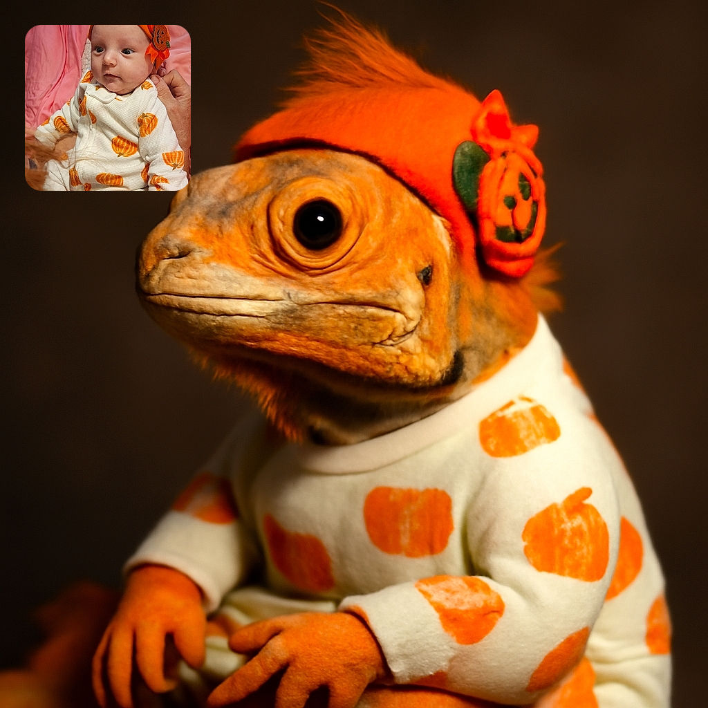 A wide-eyed baby dressed in a cozy pumpkin-themed outfit and matching hat with a pumpkin decoration, sitting comfortably on someone's lap against a soft pink blanket background, looking curiously at something off-camera.