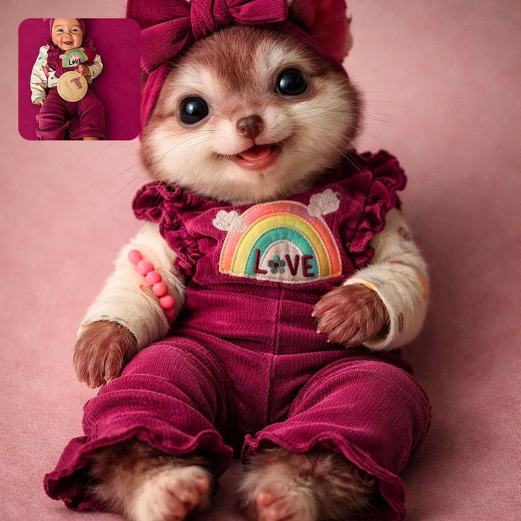 A joyful baby dressed in vibrant magenta with a big bow headband and a cheerful rainbow patch on their outfit, lying on a matching magenta background while holding a cute milestone sign that reads 'five months'.