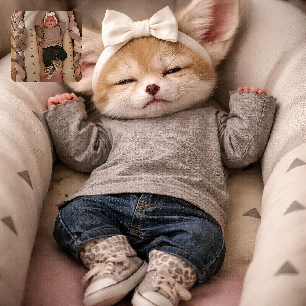 A tiny monarch of naptime is ruling the crib — bow headband, braided bumper throne, denim pants and leopard-cuffed sneakers included. Shot from above with soft warm light, the baby is blissfully asleep like a tiny, adorable CEO of cozy.