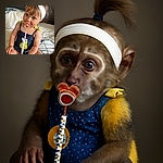 A charming toddler with a playful ponytail tied high, wearing a polka-dot swimsuit adorned with a yellow pear, sits on a cozy bed clutching a pacifier clip with beads spelling out a name. The soft natural light highlights the child's curious eyes and rosy cheeks, while the stylish headband adds a cute touch to this candid moment.