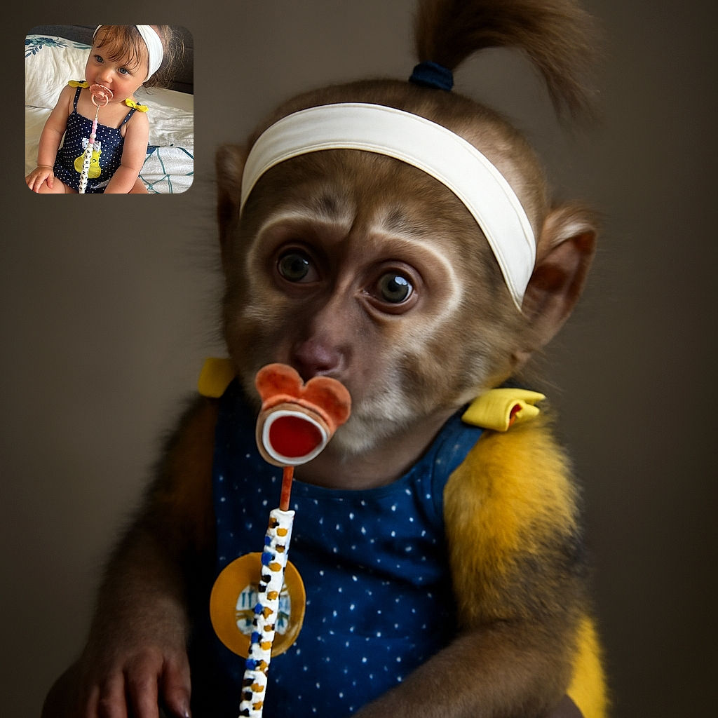A charming toddler with a playful ponytail tied high, wearing a polka-dot swimsuit adorned with a yellow pear, sits on a cozy bed clutching a pacifier clip with beads spelling out a name. The soft natural light highlights the child's curious eyes and rosy cheeks, while the stylish headband adds a cute touch to this candid moment.
