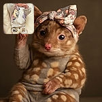 A cute baby dressed head-to-toe in Minnie Mouse-themed clothes, striking a tiny superhero pose with fists raised, lying on a soft cream-colored surface with sparkly light effects adding a magical touch.