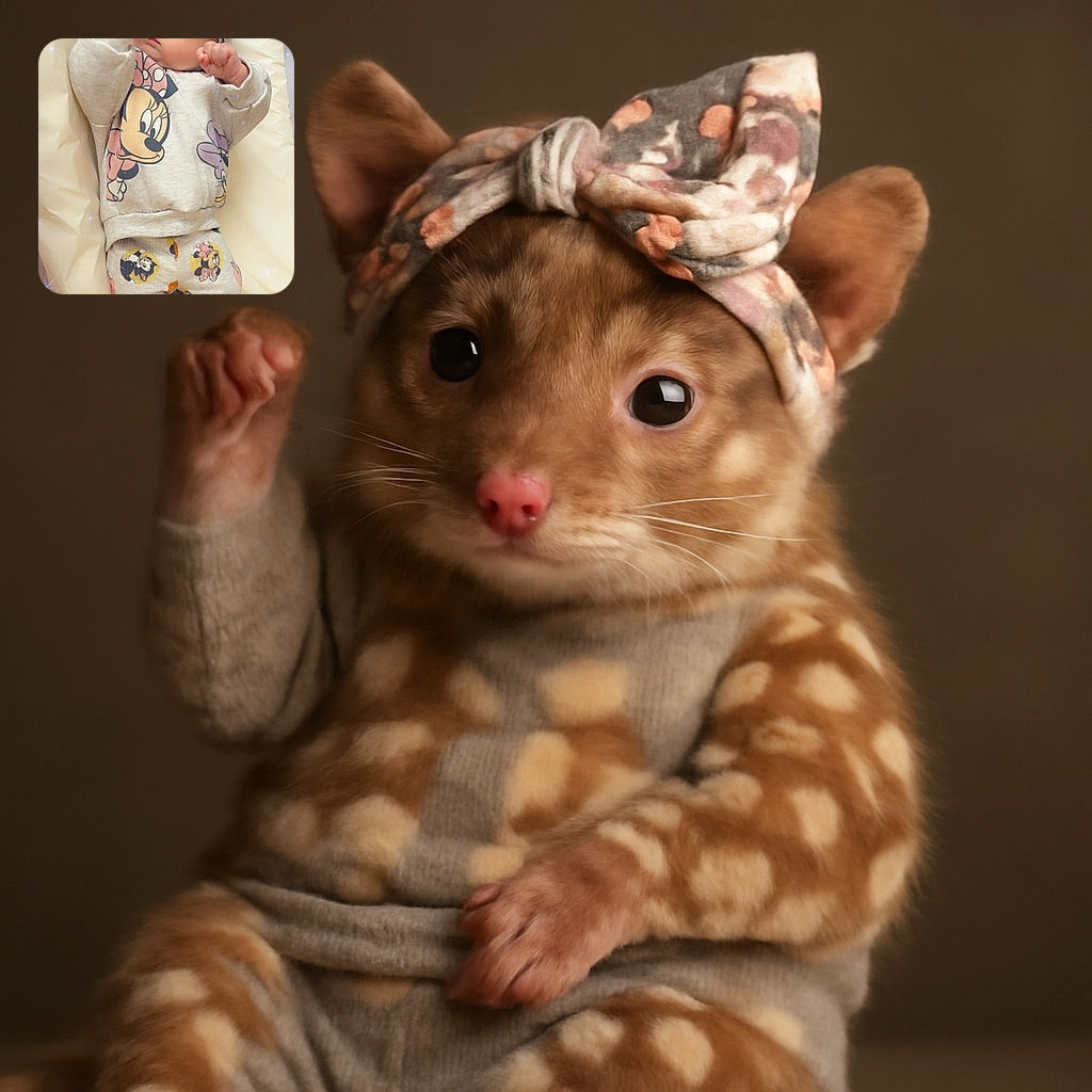 A cute baby dressed head-to-toe in Minnie Mouse-themed clothes, striking a tiny superhero pose with fists raised, lying on a soft cream-colored surface with sparkly light effects adding a magical touch.