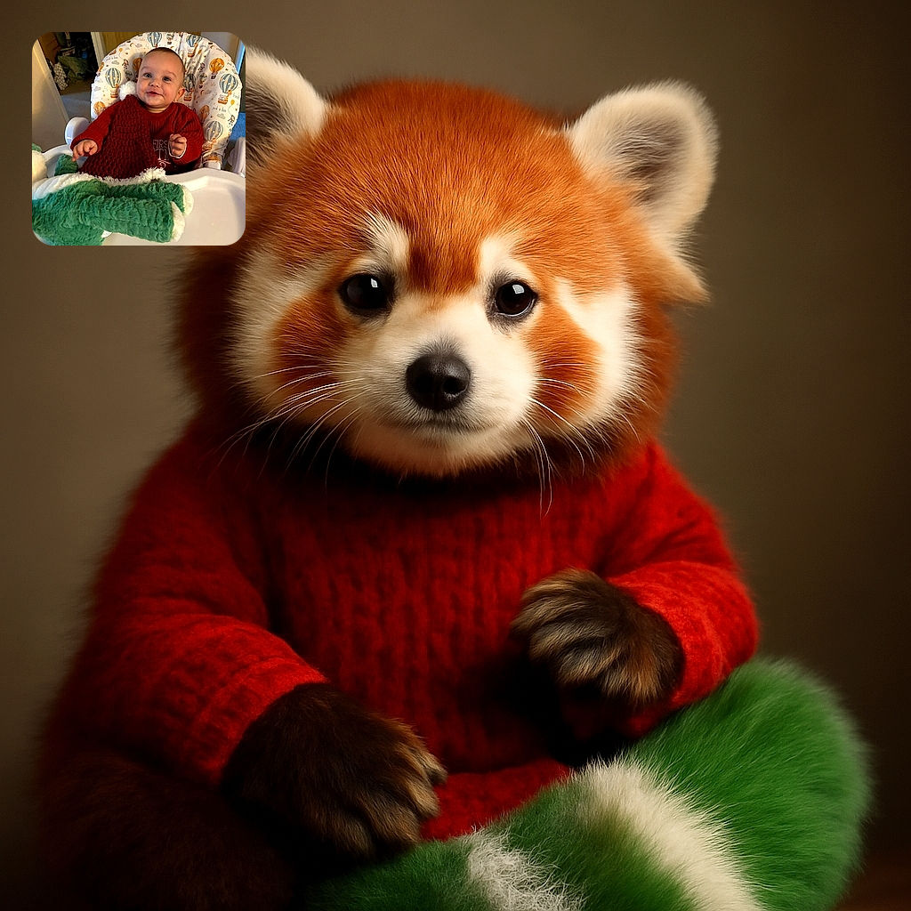 A cheerful baby in a festive red sweater sits in a high chair with a colorful hot air balloon patterned cushion, clutching a large green plush toy, looking ready to charm the world with drool and smiles.