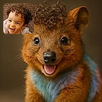 A joyful toddler with a head full of curly hair beams brightly, eyes sparkling with delight, wearing a pastel-colored ruffled outfit, set against a soft, textured background.