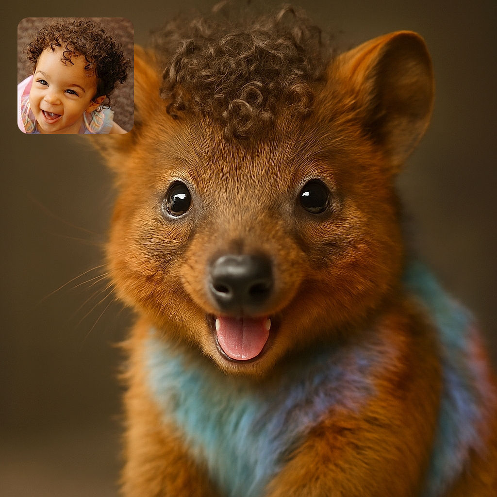 A joyful toddler with a head full of curly hair beams brightly, eyes sparkling with delight, wearing a pastel-colored ruffled outfit, set against a soft, textured background.