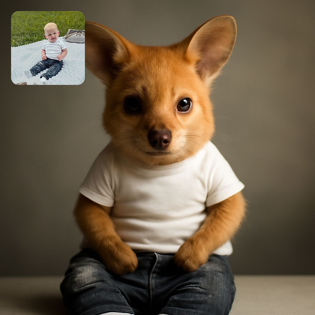 A cheerful baby sitting on a textured white blanket outdoors on green grass, wearing a white shirt and patched denim jeans, with a cozy pillow in the background and a playful expression on the baby's face.