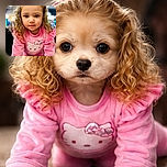 A cute little girl with curly hair wearing a pink Hello Kitty outfit is looking directly at the camera with a calm expression, the background softly blurred to keep the focus on her adorable face.