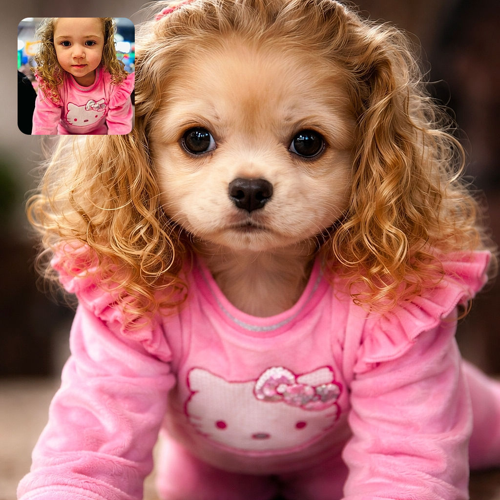 A cute little girl with curly hair wearing a pink Hello Kitty outfit is looking directly at the camera with a calm expression, the background softly blurred to keep the focus on her adorable face.